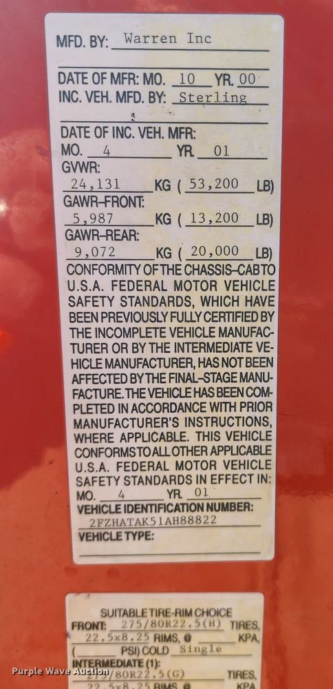 image for item LT9484 2001 Sterling LT7501  dump truck