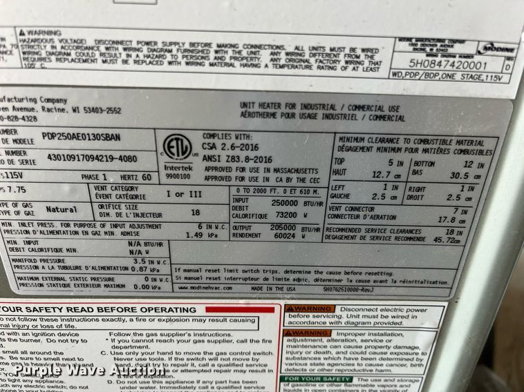 image for item MD9544 (3) Modine PDP250AE0130SBAN furnaces