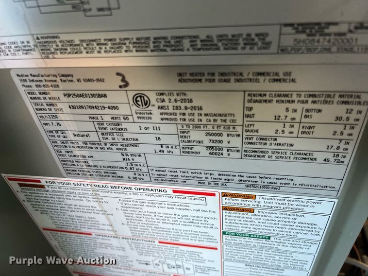 image for item MD9544 (3) Modine PDP250AE0130SBAN furnaces
