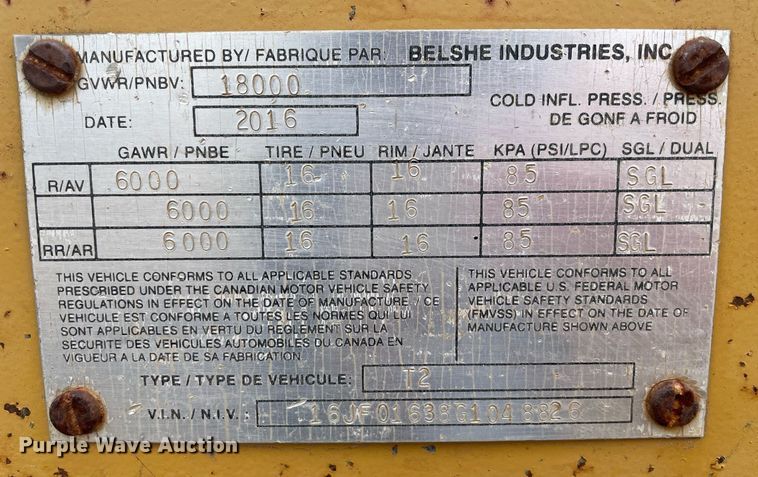 image for item DP3069 2016 Belshe T2-3EB  equipment trailer