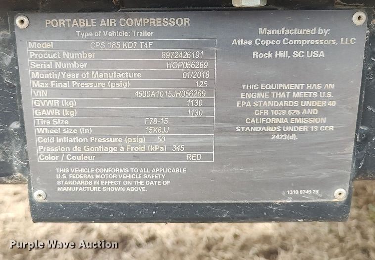 image for item DQ5737 2018 Atlas Copco CPS185 KD7 T4F  air compressor