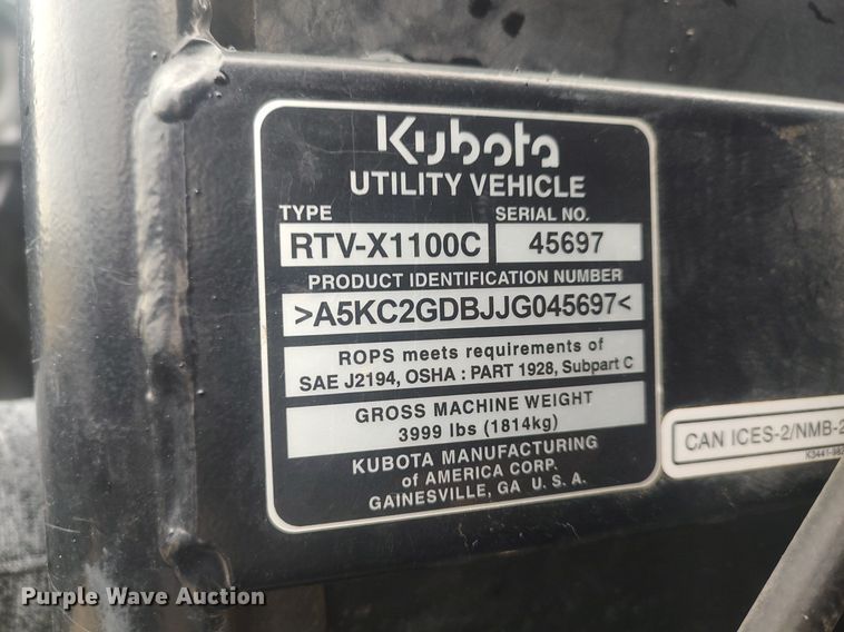 image for item DQ5742 2018 Kubota RTV-X1100C  utility vehicle