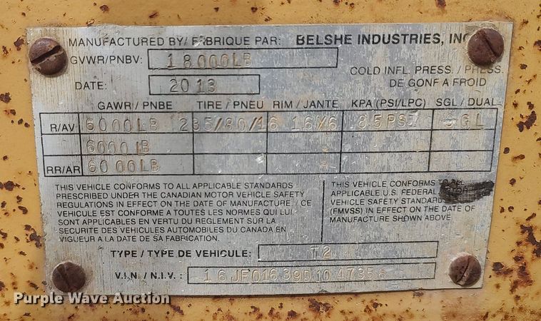 image for item DQ5746 2013 Belshe  equipment trailer