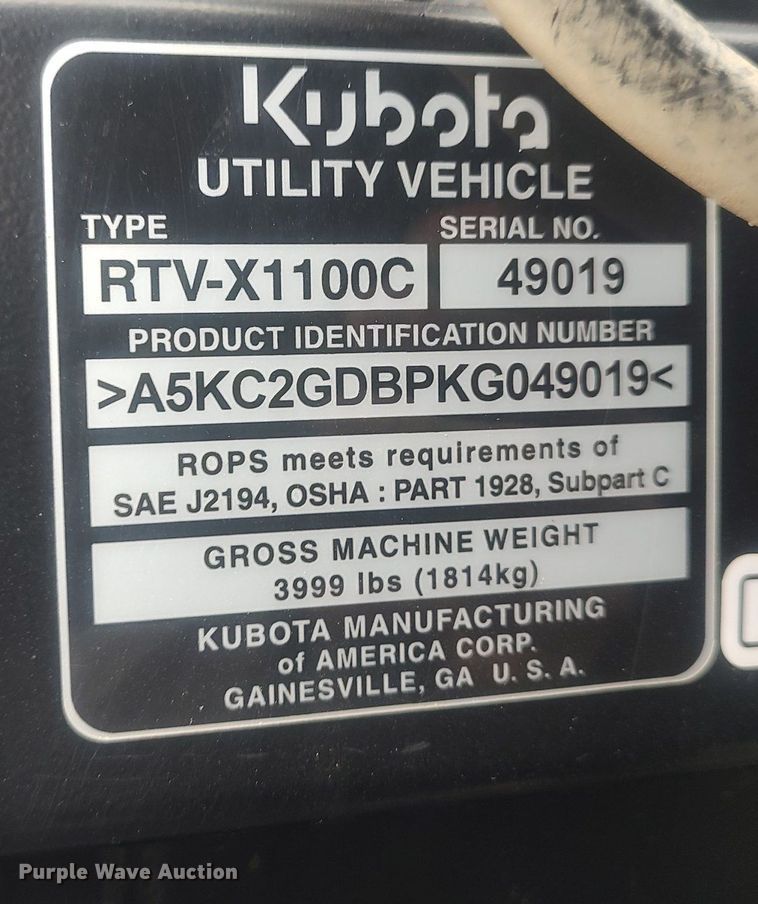 image for item DQ5774 2019 Kubota RTV-X1100C  utility vehicle