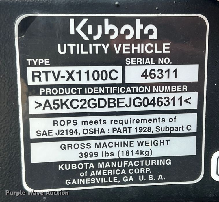 image for item DQ5776 2018 Kubota RTV-X1100C  utility vehicle