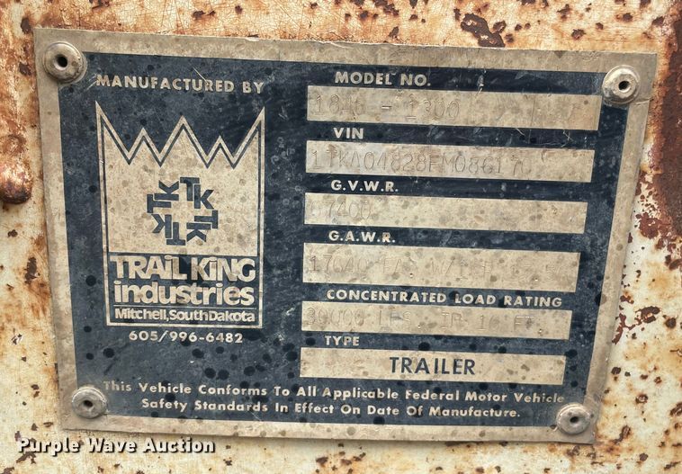 image for item DQ5784 1985 Trail King 1848-1300  equipment trailer