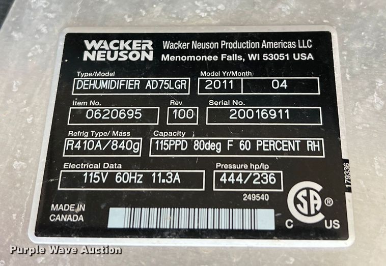 image for item DQ5802 Wacker Neuson AD115LGR  dehumidifier