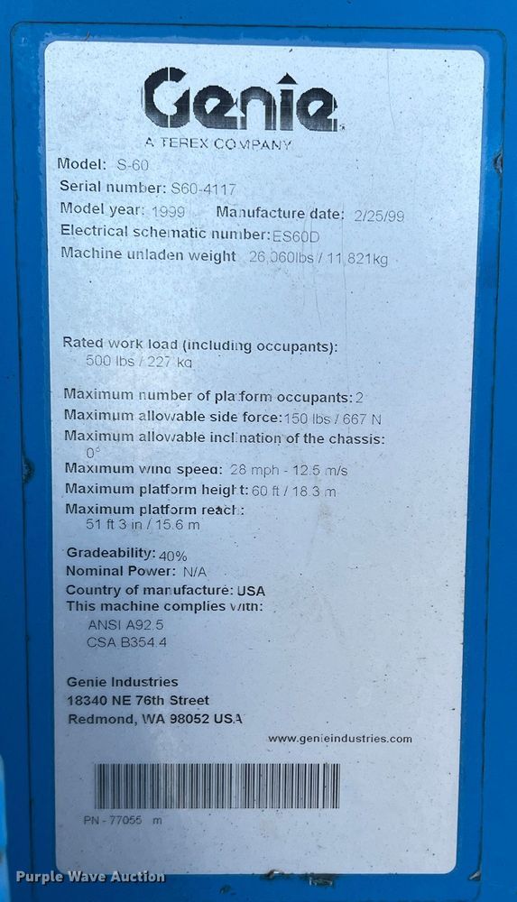 image for item DQ5816 1999 Genie S60  boom lift