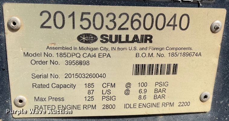 image for item DS2831 Sullair 185DPQ  air compressor