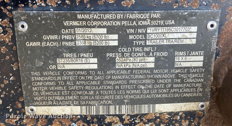 image for item DL7057 2012 Vermeer BC1000XL  wood chipper