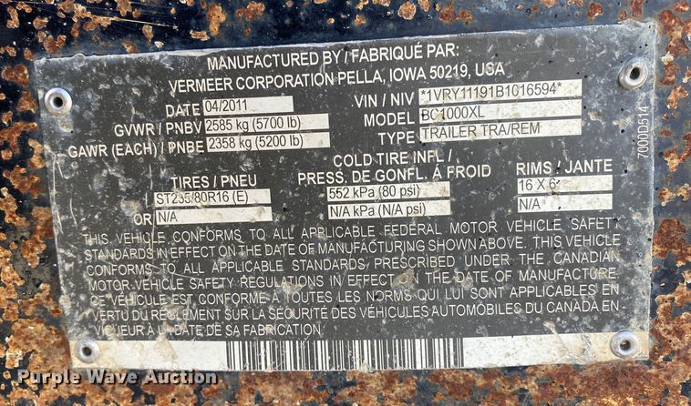 image for item DL7058 2011 Vermeer BC1000XL  wood chipper