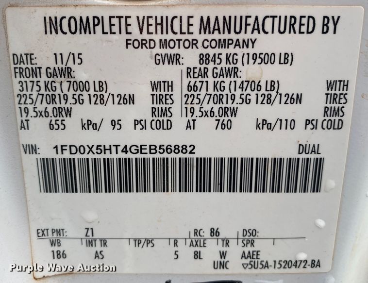 image for item DL7064 2016 Ford F550 Super Duty  SuperCab truck cab and chassis