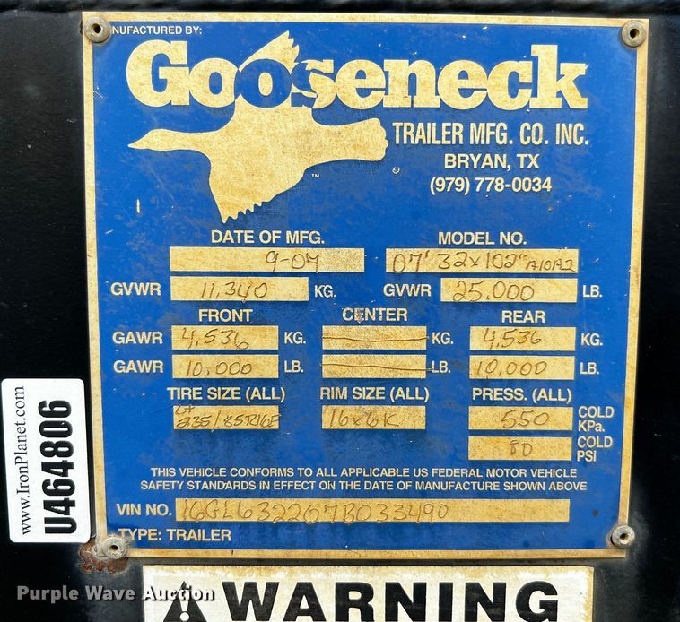 image for item DQ2001 2007 Gooseneck A10A2  equipment trailer