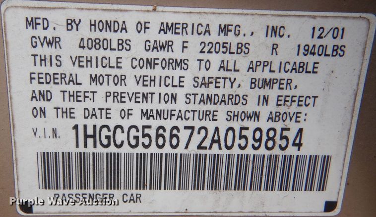 image for item DQ5066 2002 Honda Accord EX