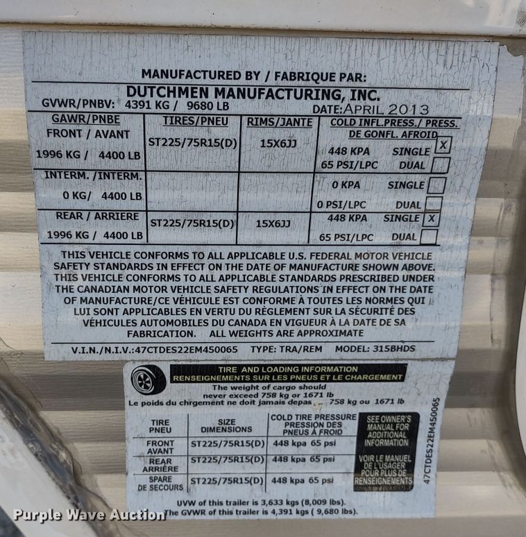 image for item DR8244 2014 Dutchman 315BHDS  camper