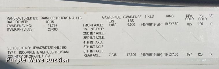 image for item HN9819 2016 Freightliner Business Class M2  box truck