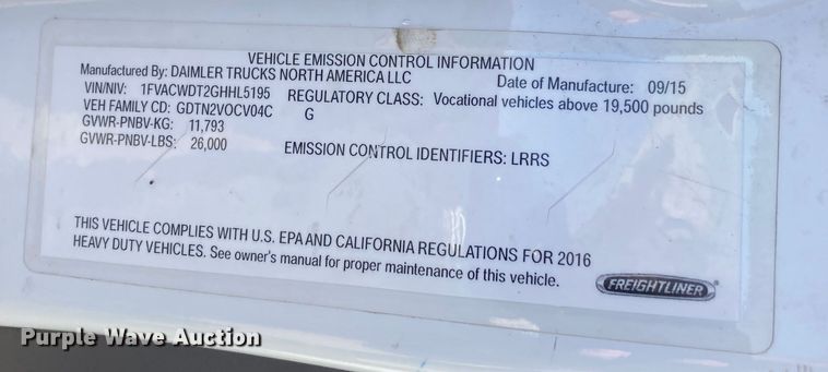 image for item HN9819 2016 Freightliner Business Class M2  box truck