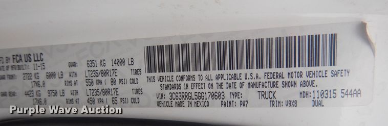 image for item HU9465 2016 Dodge Ram 3500HD  Crew Cab pickup truck