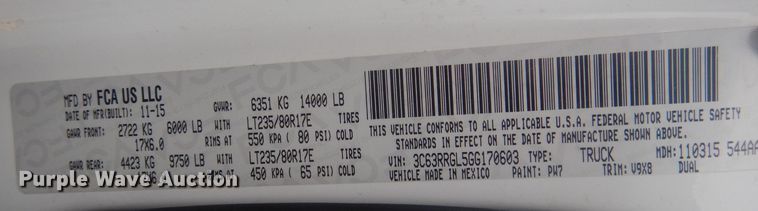 image for item HU9465 2016 Dodge Ram 3500HD  Crew Cab pickup truck