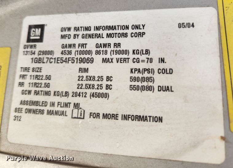 image for item JB9650 2004 Chevrolet C7500  dump flatbed truck