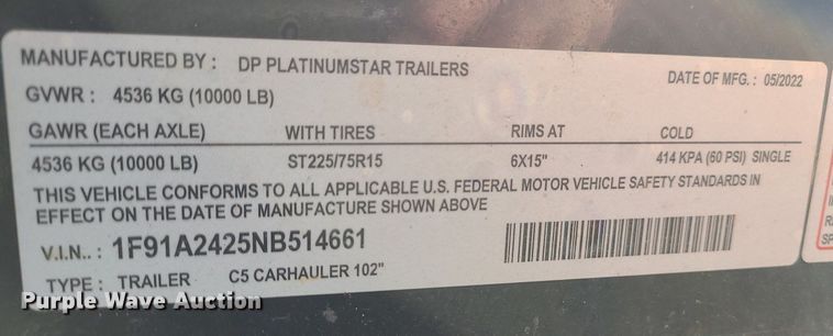 image for item JG9363 2022 DP Platinumstar C5 Carhauler  equipment trailer