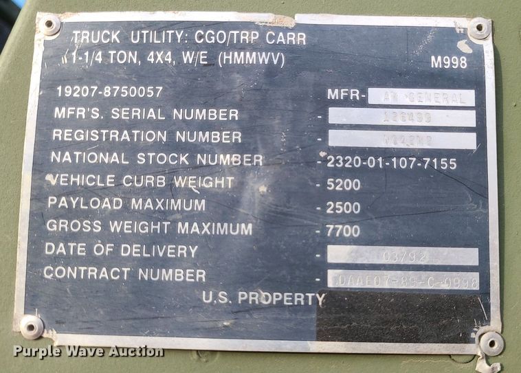 image for item JG9370 1992 Am General Humvee M998  SUV