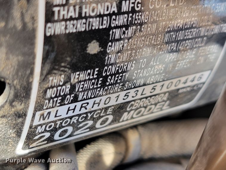 image for item JL9336 2020 Honda CBR650  motorcycle