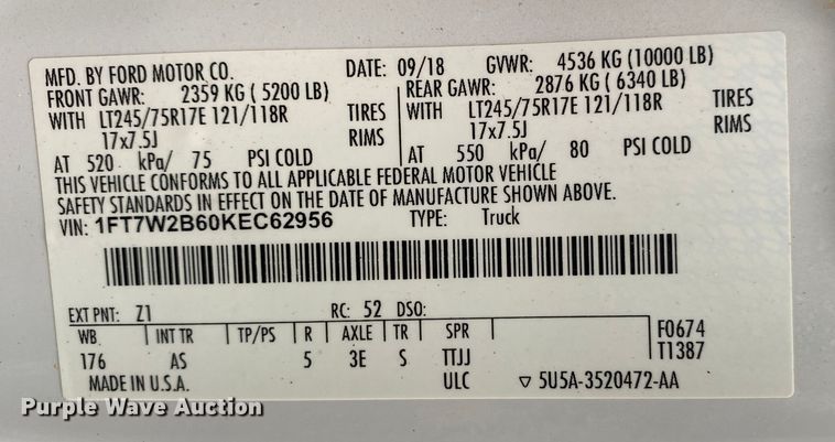 image for item KB9586 2019 Ford F250 Super Duty XL  Crew Cab pickup truck