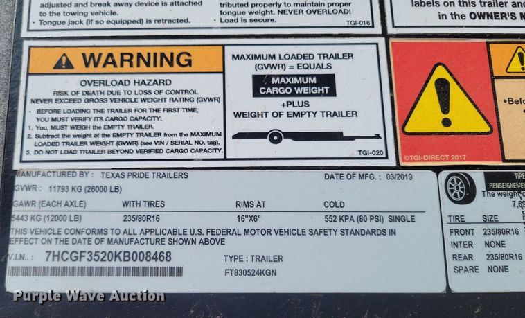 image for item KD9298 2019 Texas Pride  equipment trailer