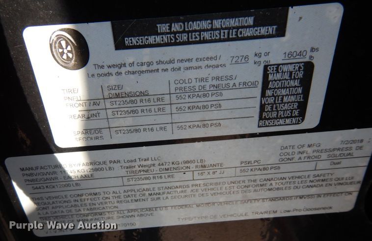 image for item KU9831 2018 Load Trail  equipment trailer