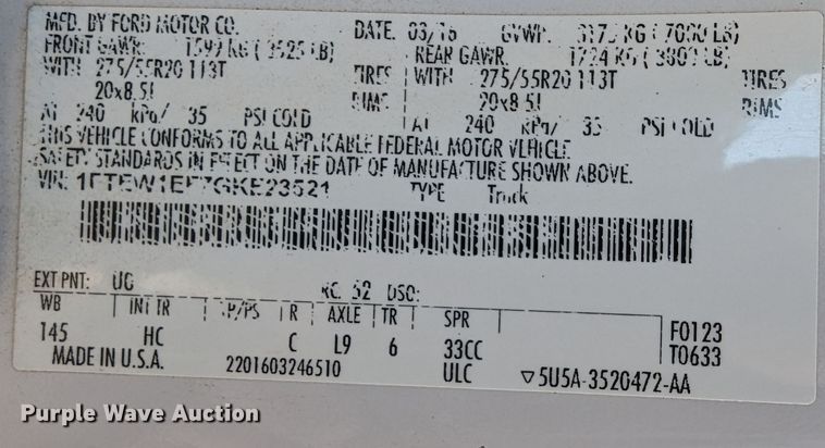 image for item LF9623 2016 Ford F150 Lariat  SuperCrew pickup truck