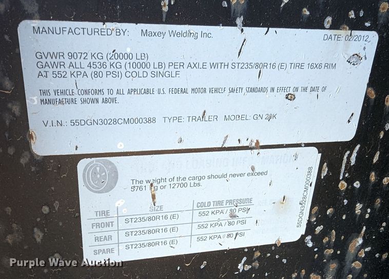 image for item LF9652 2012 Maxey GN20K  equipment trailer