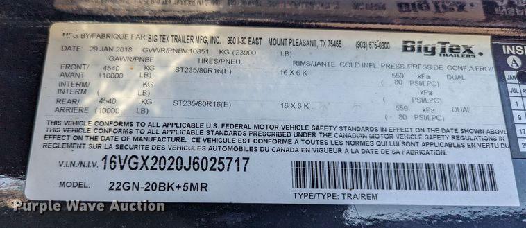 image for item LF9654 2018 Bigtex 22GN-20BK+5MR  equipment trailer