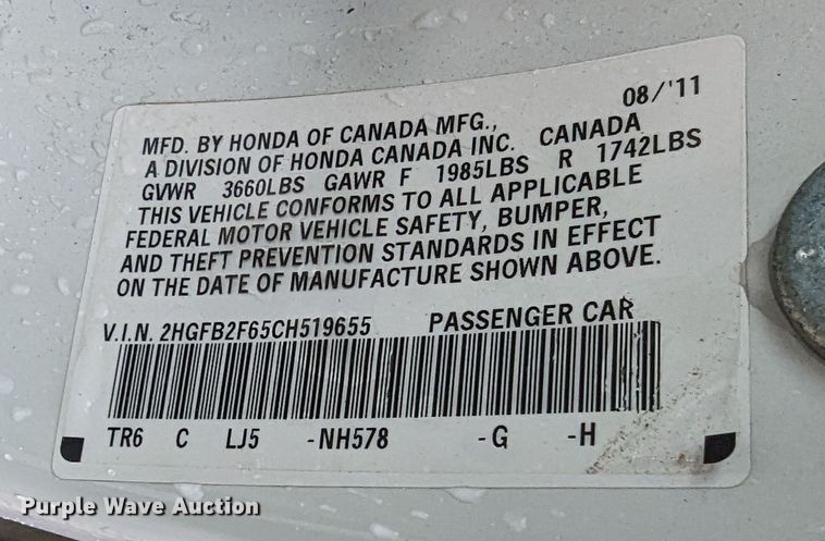 image for item LF9744 2012 Honda Civic 