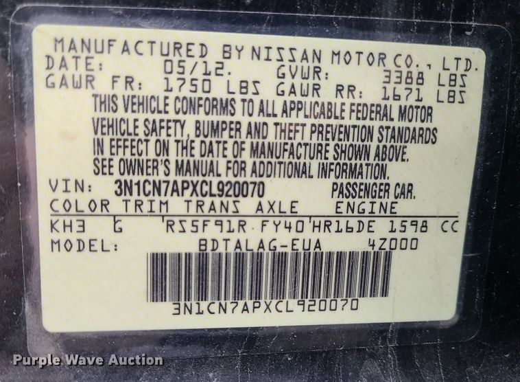 image for item LH9856 2012 Nissan Versa