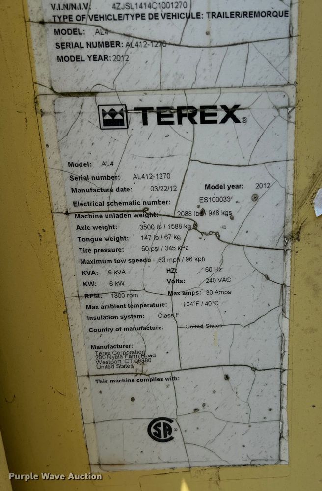 image for item MK9772 2012 Terex AL4  light plant