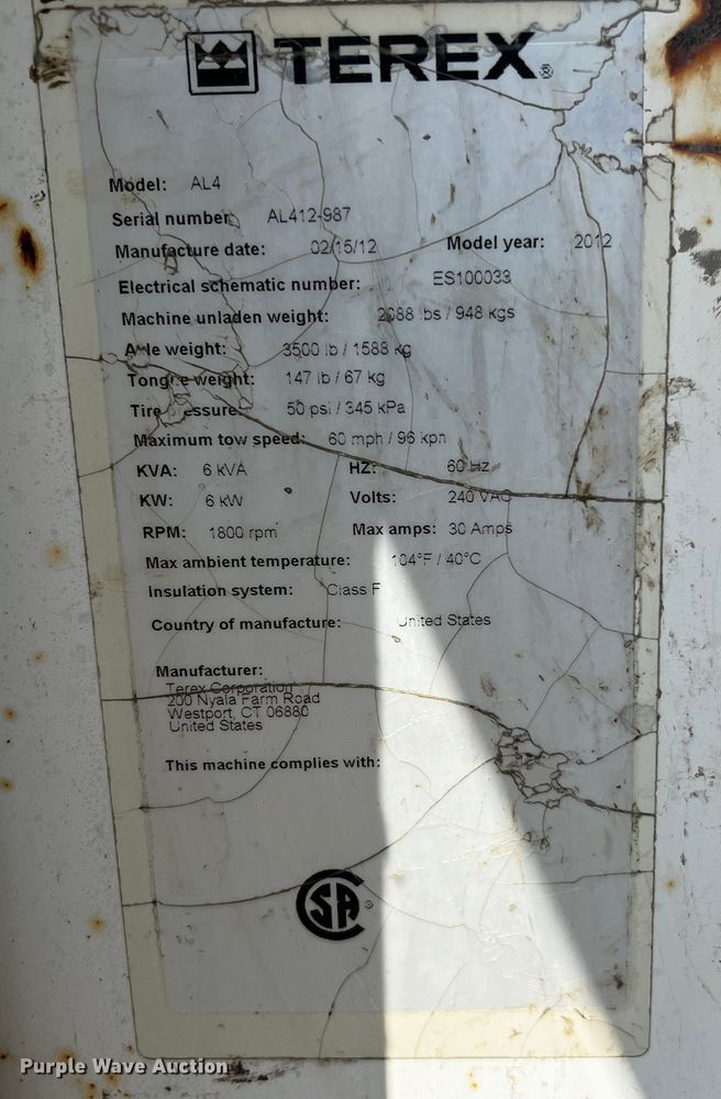 image for item MK9773 2012 Terex AL4  light plant