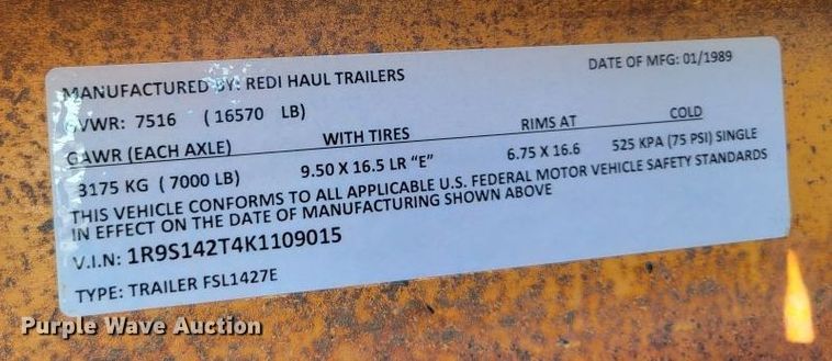 image for item MW9472 1989 Redi Haul FSL1427E  equipment trailer