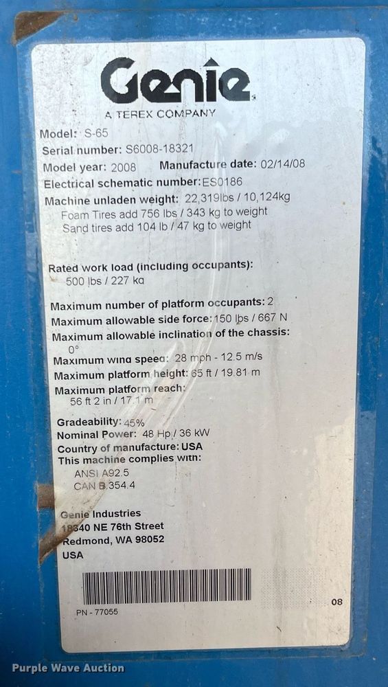 image for item DG5442 2008 Genie S-65  boom lift