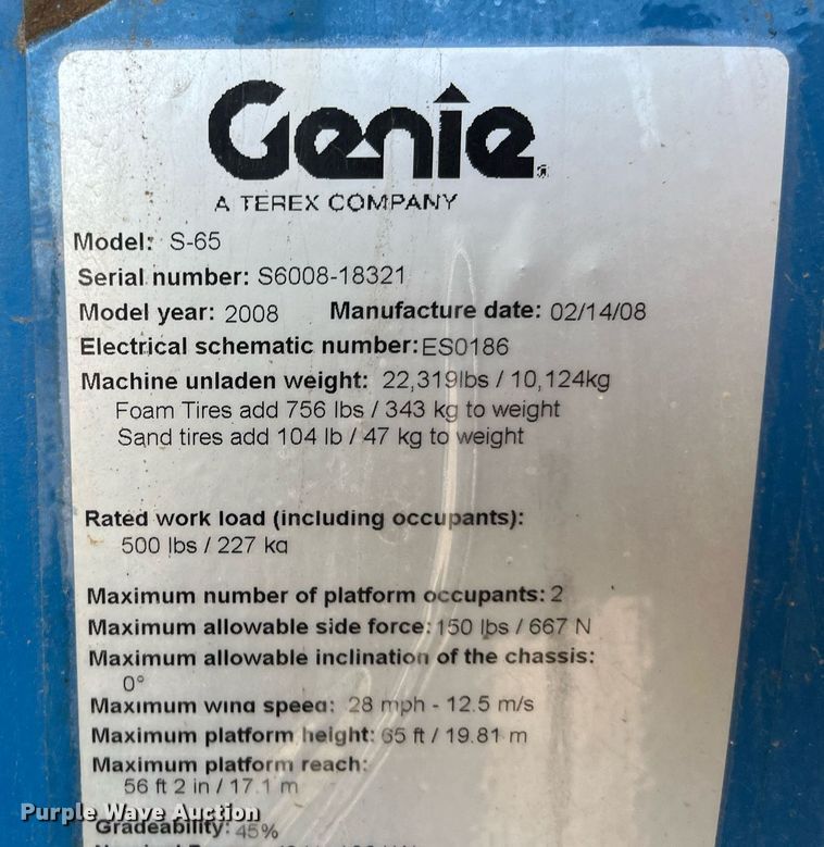 image for item DG5442 2008 Genie S-65  boom lift