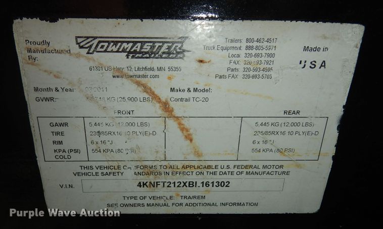 image for item DK7674 2011 Towmaster TC20  equipment trailer