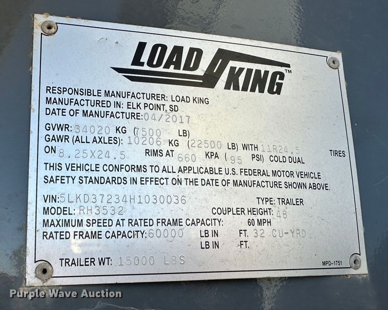 image for item DR6021 2017 Load King RH3532  end dump trailer