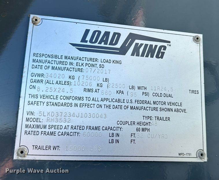 image for item DR6030 2018 Load King RH3532  end dump trailer