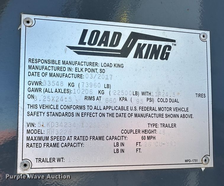 image for item DR6032 2017 Load King RH3226  end dump trailer