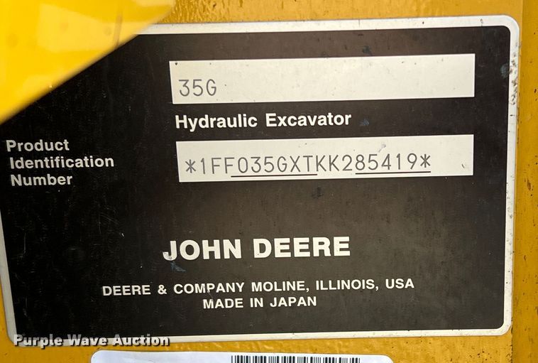 image for item DS2788 2019 John Deere 35G  mini excavator