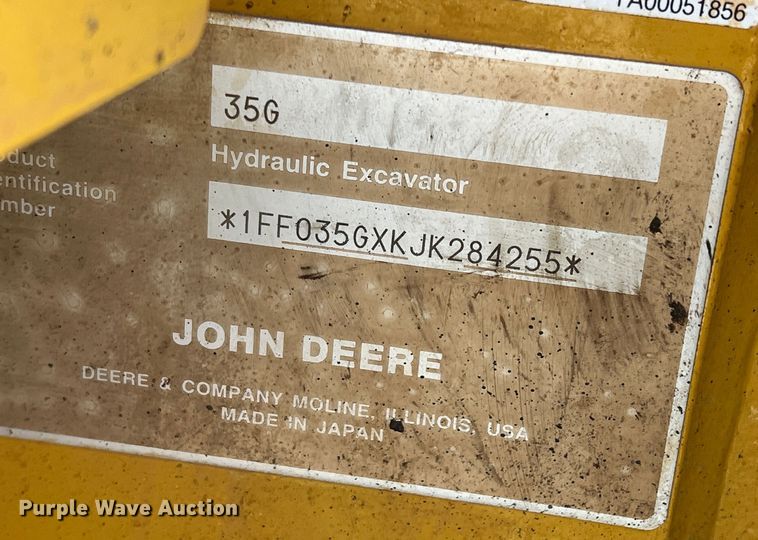 image for item DS2789 2019 John Deere 35G  mini excavator