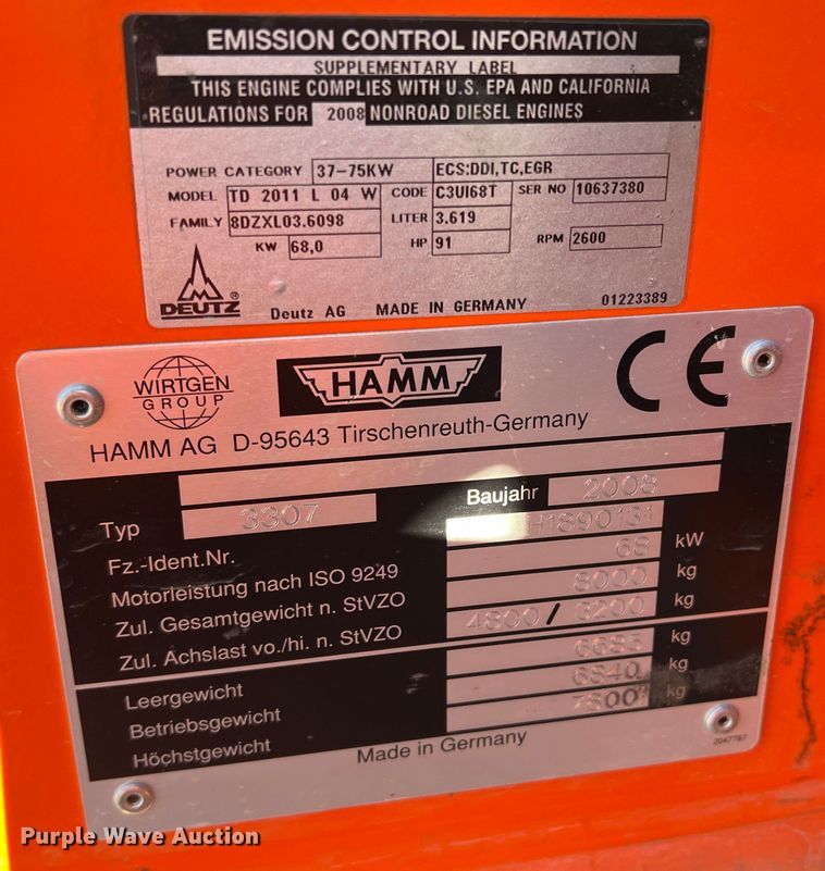 image for item DS2795 2008 Hamm 3307  single drum vibratory roller