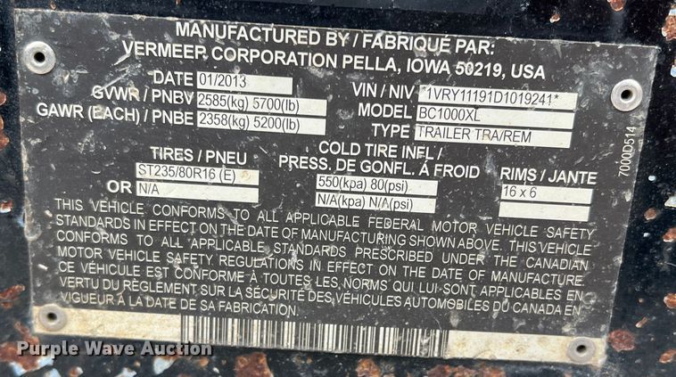 image for item DS2807 2013 Vermeer BC1000XL  wood chipper