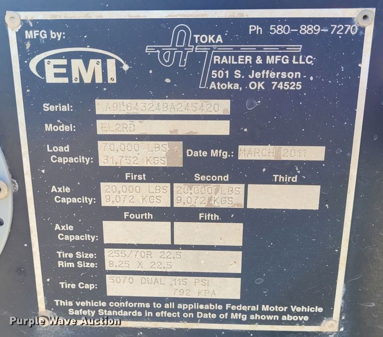 image for item EB9752 2011 Atoka  drop deck equipment trailer