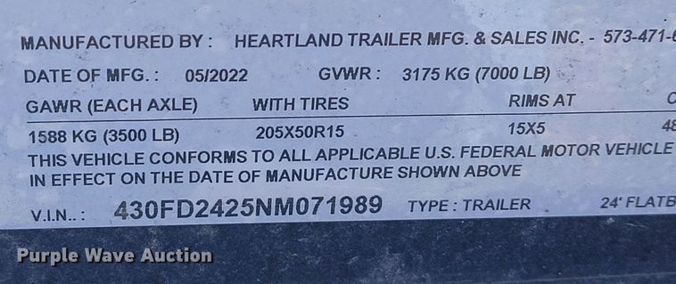image for item JL9343 2022 Heartland  equipment trailer